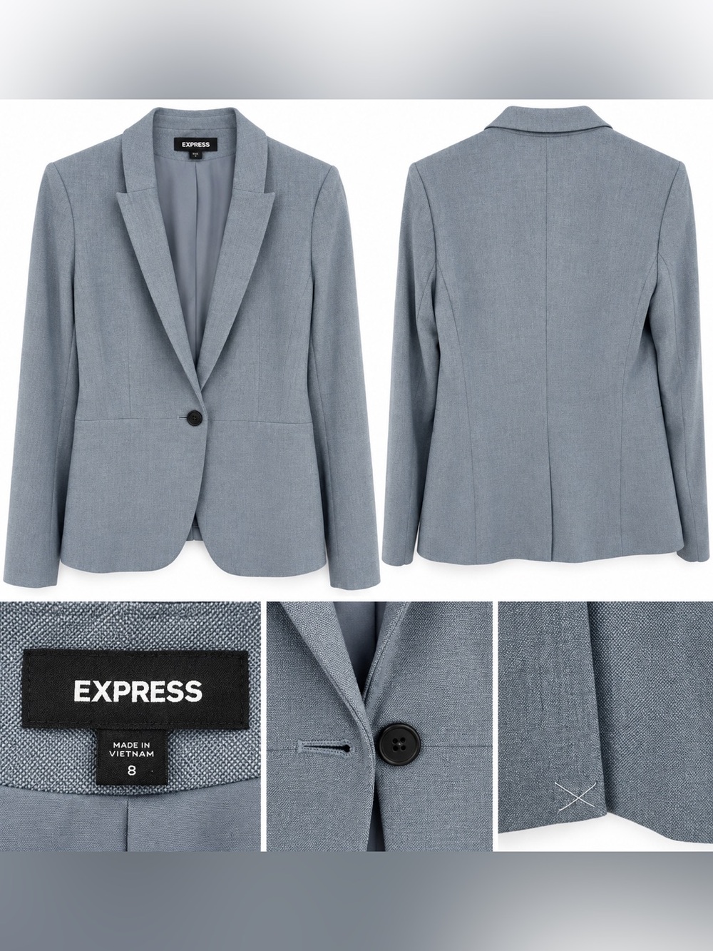Express Women’s Gray Blue Tailored Blazer Size 8 One Button